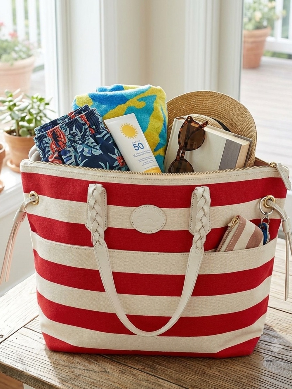 Dooney & Bourke Sullivan Red White Stripe Canvas Tote Beach Carryall Bag